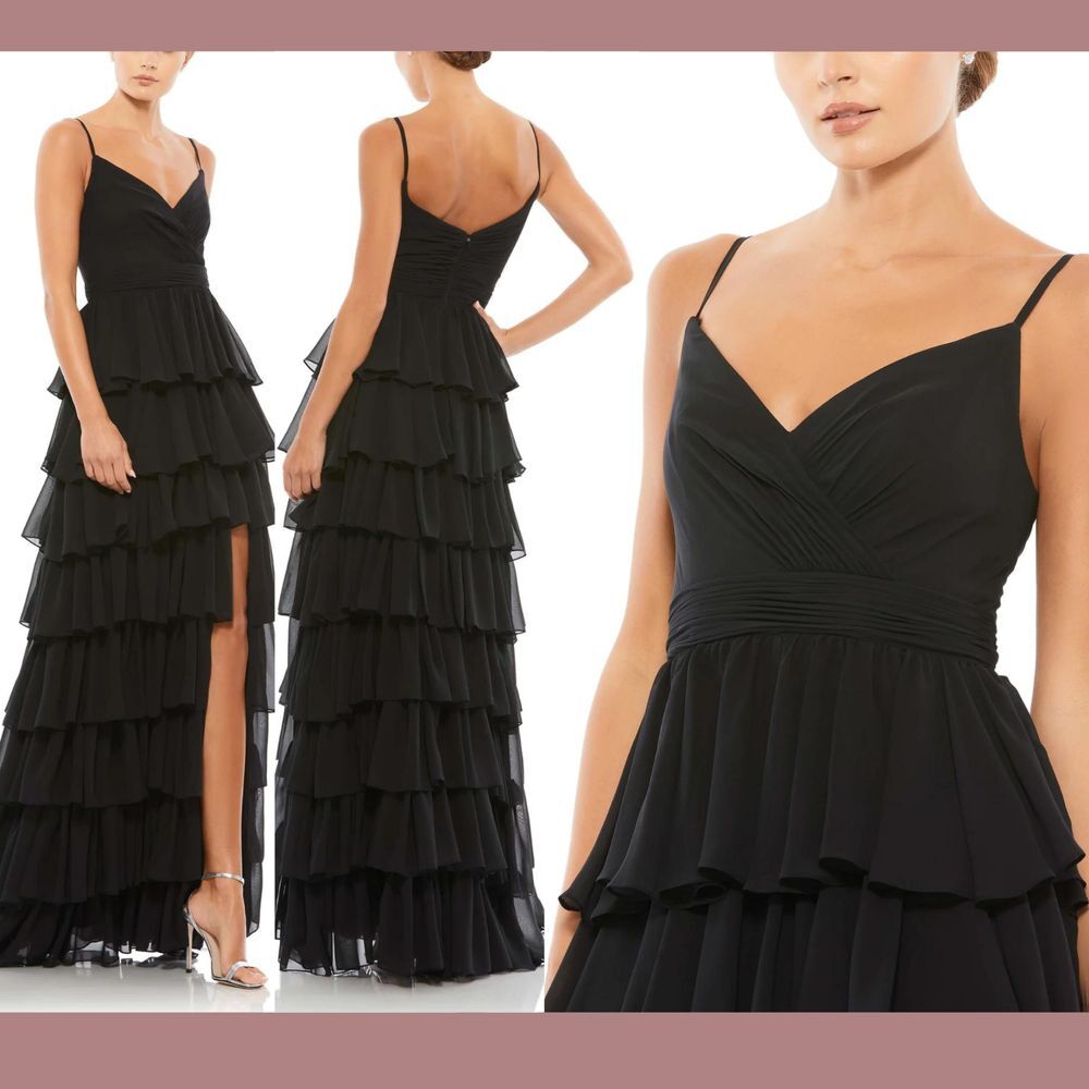 NWT $398 IEENA Mac Duggal [ 14 ] V Neck‎ Sleeveless Ruffle Gown in Black G1675